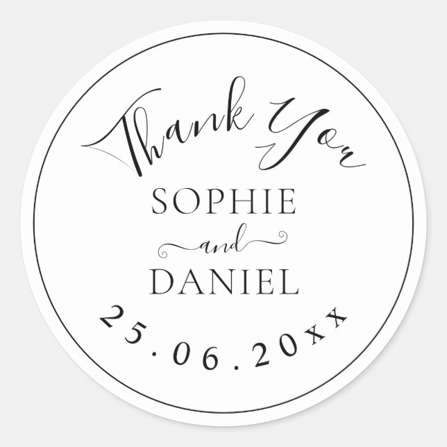 Sticker Rond Noir Et Avec Le Mariage Moderne En Merci Favorisen (Devant)