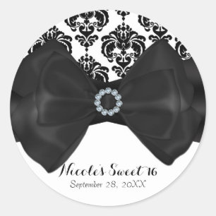 Sticker Rond Noir et blanc Damas Bling Bow Glam Fête Sweet 16