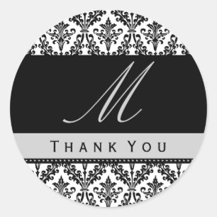 Sticker Rond Noir et blanc Damas Monogramme Mariage MERCI St
