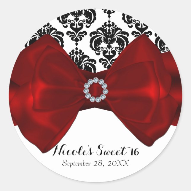 Sticker Rond Noir et blanc Damas Rouge Bow Glam Sweet 16 Party (Devant)