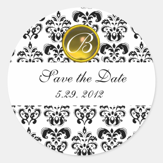 Sticker Rond NOIR ET BLANC DAMASK MONOGRAM topaz jaune (Devant)