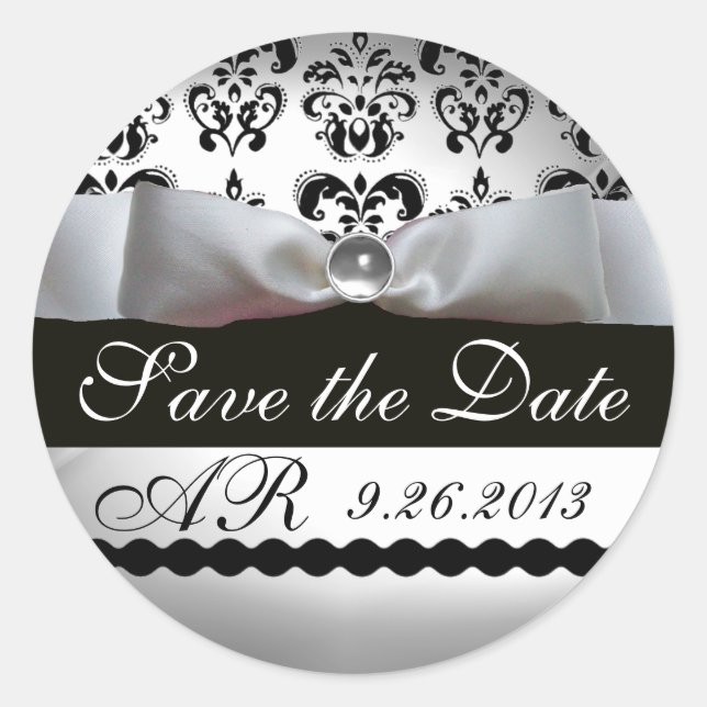Sticker Rond NOIR ET BLANC DAMASK RIBBON MONOGRAM Gemstone (Devant)