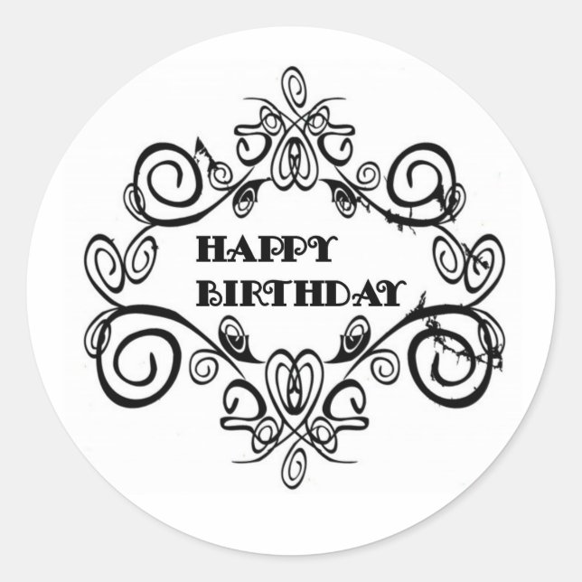 Sticker Rond Noir Et Blanc Élégant Joyeux Anniversaire (Devant)