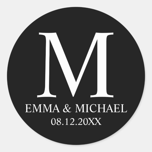 Sticker Rond Noir et blanc Elégant Monogramme Mariage Faveur (Devant)