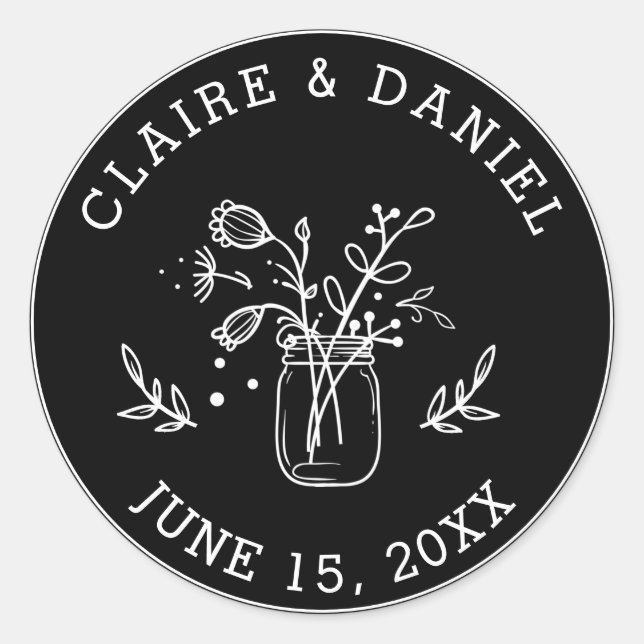Sticker Rond Noir et blanc Enregistrer la date Mason Jar Fleurs (Devant)
