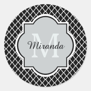Sticker Rond Noir et blanc moderne Quatrefoil Nom monogramme