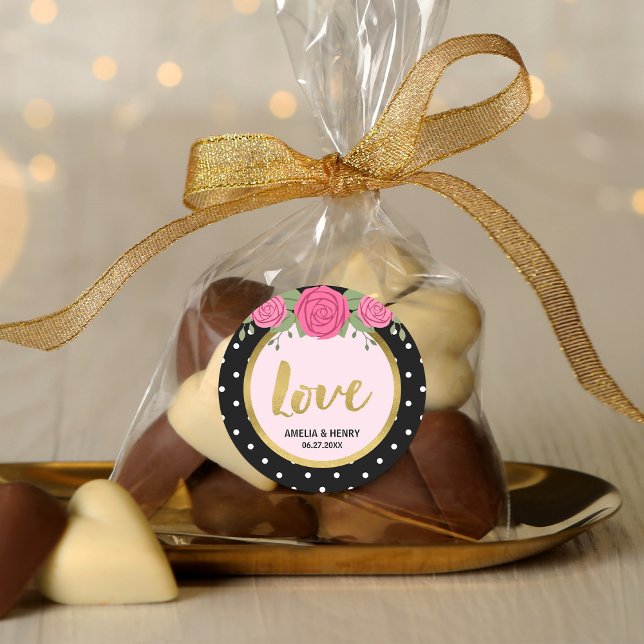 Sticker Rond Noir et blanc Polka point Rose Amour Mariage (Créateur téléchargé)