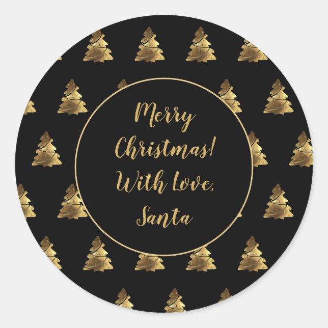 Sticker Rond Noir et Faux Gold Christmas Tree Motif (Devant)