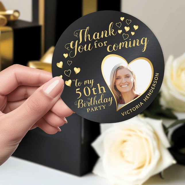 Sticker Rond Noir et Or 50e anniversaire Merci Favor (Custom Black and Gold 50th Birthday Thank You Favor Stickers)