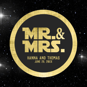 Sticker Rond Noir et or brossé M. et Mme la Mariage