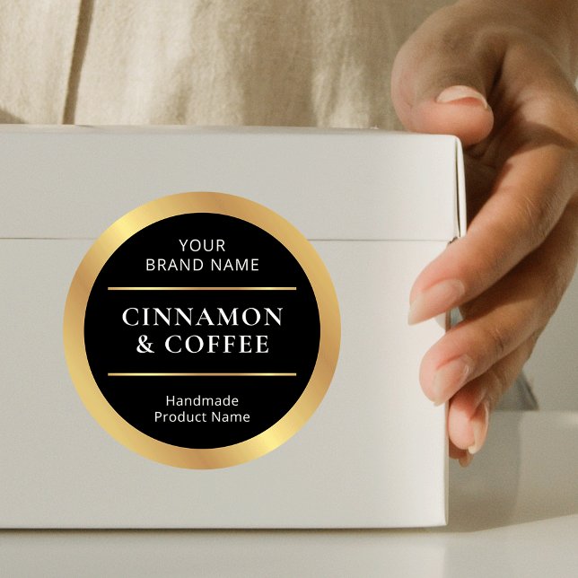 Sticker Rond Noir et or Lux produit artisanal Nom de l'odeur (Elegant black and gold handmade product labels - perfect for any type of packaging or product)