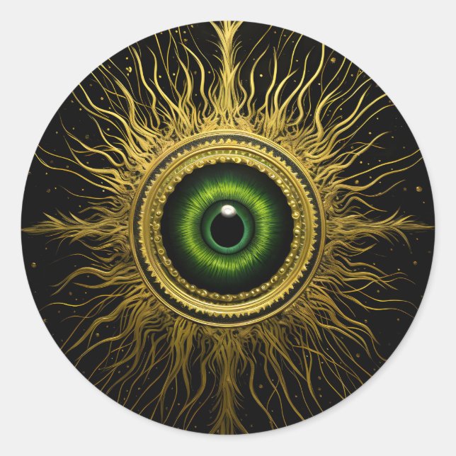 Sticker Rond Noir et or Occulte Vert Evil Eye Starburst (Devant)
