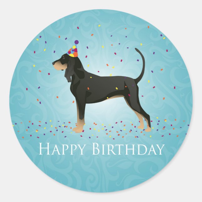 Sticker Rond Noir et Tan Coonhound Joyeux design d'anniversaire (Devant)