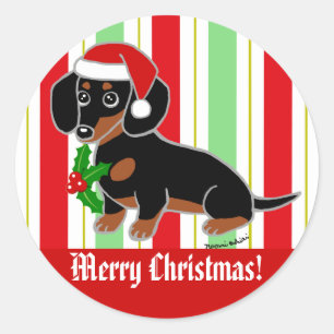 Sticker Rond Noir et Tan Dachshund mignonnes yeux Père Noël