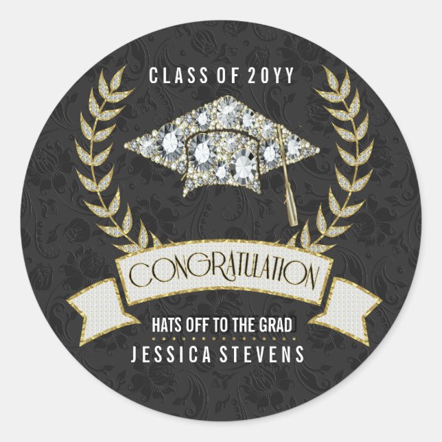 Sticker Rond Noir &Faux Damsons Et Casquette De Diplôme D'Or (Devant)