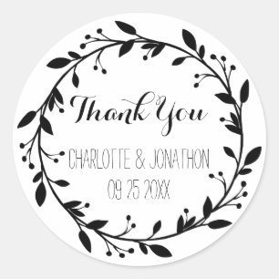 Sticker Rond Noir Floral Merci Mariage Favoriser Tags
