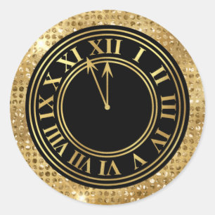 Sticker Rond Noir glamour Diamants d'or Horloge du Nouvel An