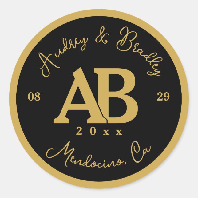 Sticker Rond Noir Gold 2 Lettre Monogramme Mariage (Devant)