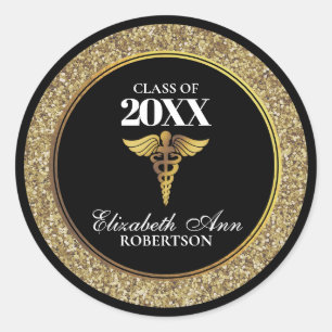 Sticker Rond Noir Gold Parties scintillant Infirmière Diplôme