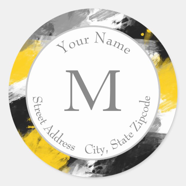Sticker Rond Noir Jaune Blanc Moderne Abstrait Brosses (Devant)