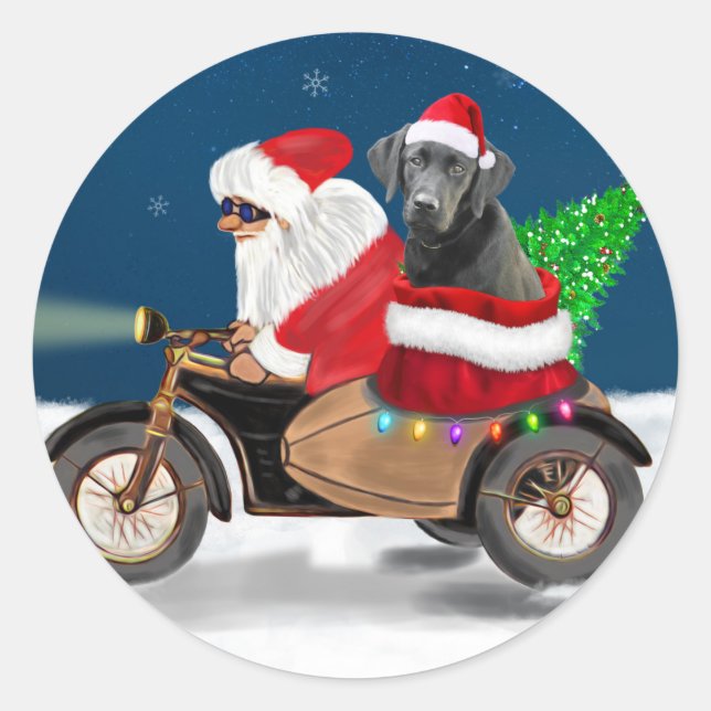 Sticker Rond Noir Labrador Chien Noël Père Noël (Devant)