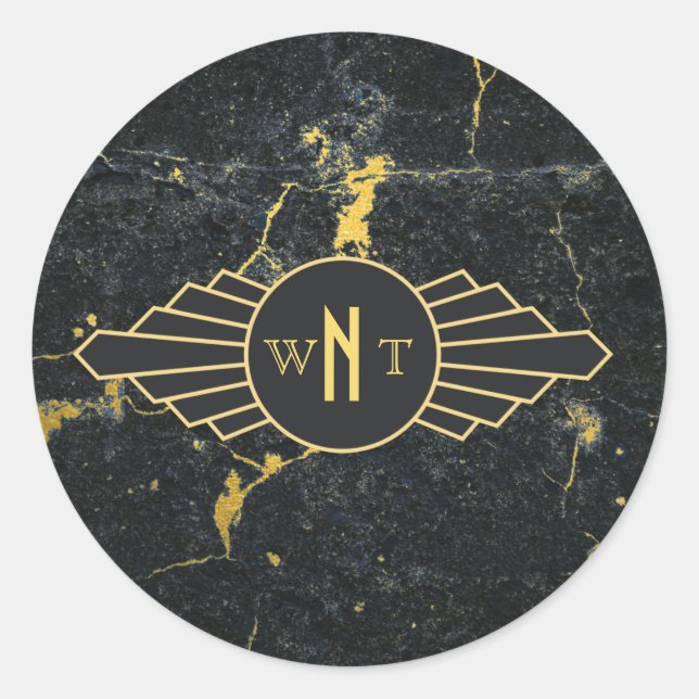 Sticker Rond Noir Marbre trois lettres Monogramme Art Déco (Devant)