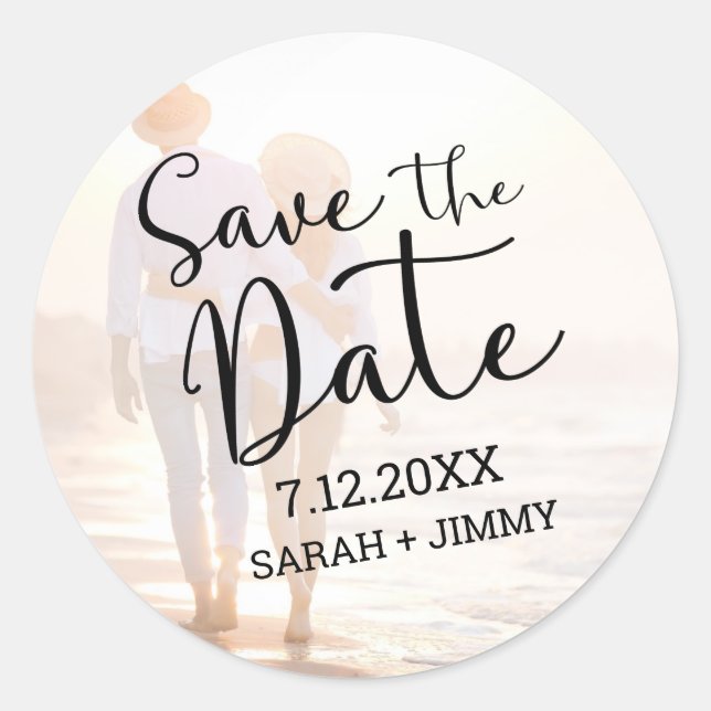 Sticker Rond Noir moderne photo mariage Enregistrer la date (Devant)