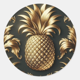 Sticker Rond Noir & Or Tropical Pineapple Mariage Luxueux