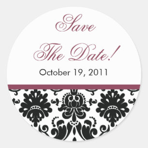 Sticker Rond Noir & Plum Damask Enregistrer la date Mariage Sti
