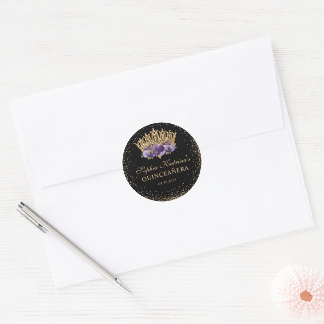 Sticker Rond Noir Plum Plum or Parties scintillant Floral Quinc (Enveloppe)