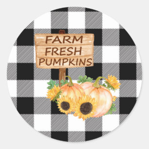Sticker Rond Noir rustique et blanc plaid avec Citrouilles auto