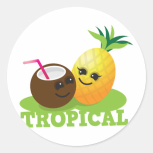 Sticker Rond Noix de coco et ananas mignons TROPICAUX de Kawaii
