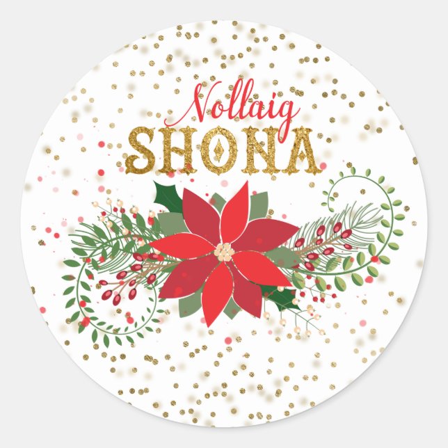 Sticker Rond Nollaig Shona Parties scintillant d'or Poinsettia  (Devant)