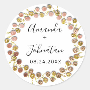 Sticker Rond Nom Date Rose Mariage de couronne d'or