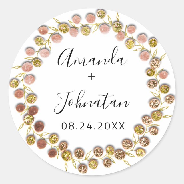 Sticker Rond Nom Date Rose Mariage de couronne d'or  (Devant)