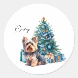 Sticker Rond Nom de chien personnalisé Yorkie avec arbre de Noë