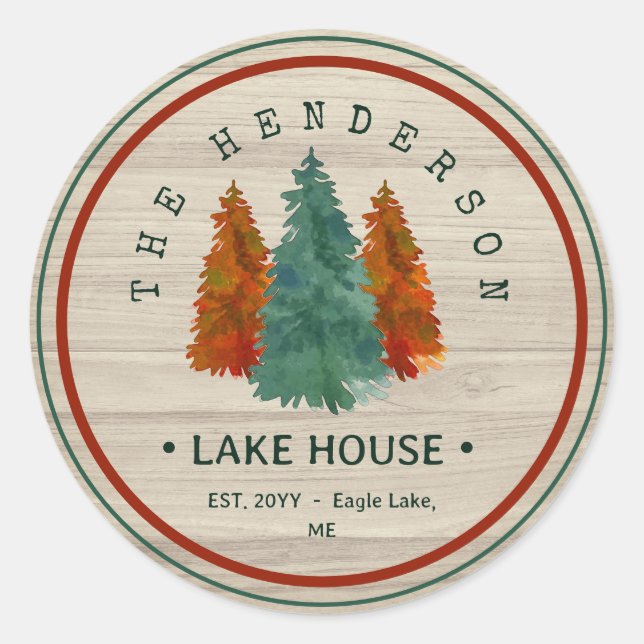Sticker Rond Nom de famille Lake House Pine Tree bois Personnal (Devant)