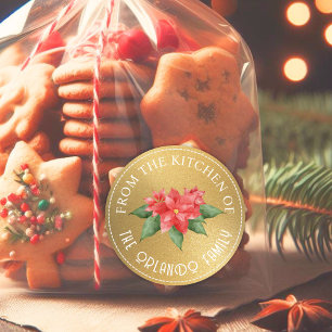 Sticker Rond Nom de famille moderne Rouge Floral Or Noël