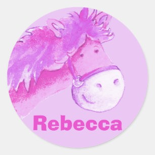 Sticker Rond Nom de la fille "Rebecca" cheval de poney rose aut