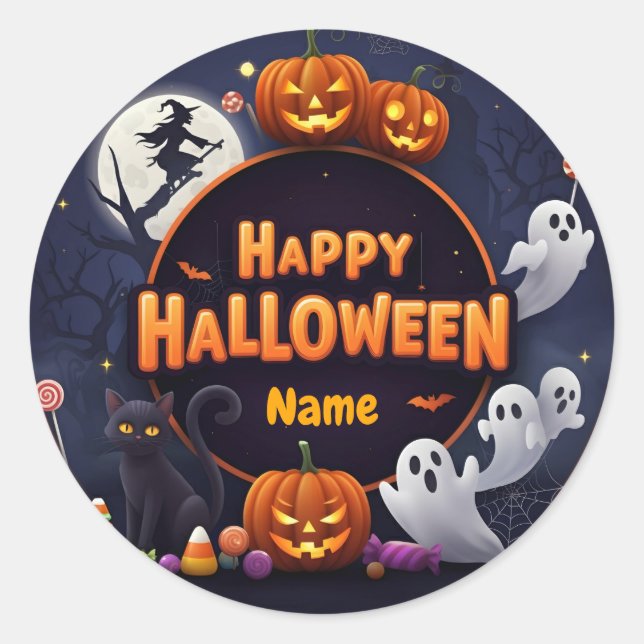 Sticker Rond Nom de la Personnaliser Happy Halloween (Devant)