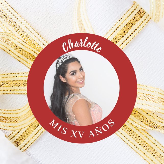 Sticker Rond Nom de la photo rouge Quinceanera (Créateur téléchargé)