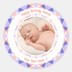 Sticker Rond Nom de photo personnalisé Âge Rose Violet Annivers
