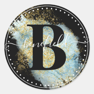 Sticker Rond Nom de script classique avec Noir Intial Or & Bleu