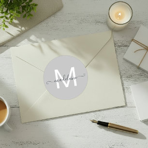 Sticker Rond Nom de script personnalisé Monogramme Gris