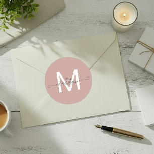 Sticker Rond Nom de script personnalisé Monogramme Rose Poussié