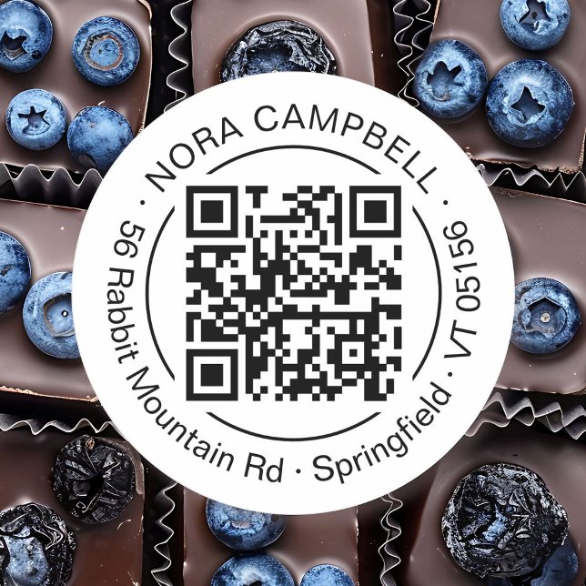 Sticker Rond Nom d'entreprise moderne Adresse de retour Code QR (Modern, elegant, black and white business name and QR code round sticker with circle frame.)