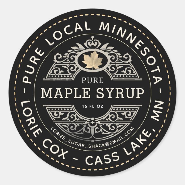 Sticker Rond Nom d'État Gold Leaf Maple Sirop Black (Devant)