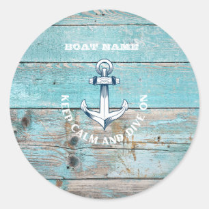 Sticker Rond Nom du bateau nautique Ancre Bois rustique