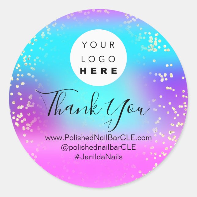 Sticker Rond Nom du logo Merci Gold Confetti Ocean Holographe (Devant)