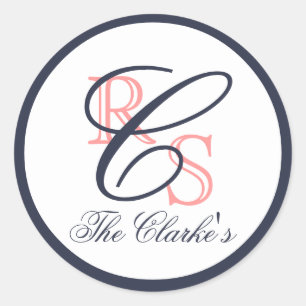 Sticker Rond Nom du mariage monographique, Pêche, bleu marine